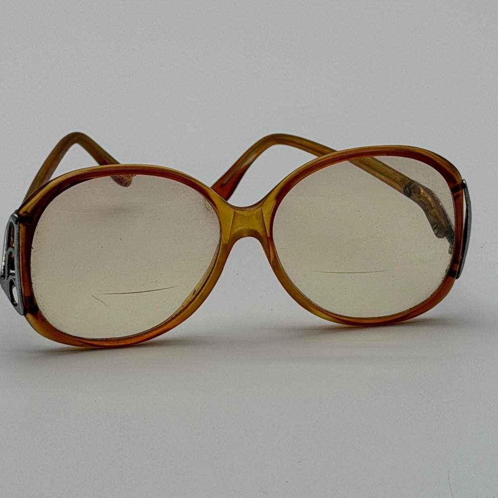 Vintage 70s 80s Oversized Amber Round Glasses Silver Cutout Hinge Retro Frames